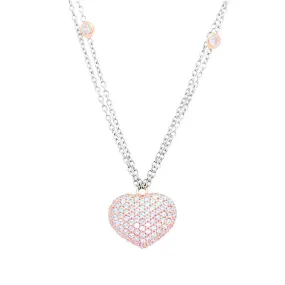 14K White and Rose Gold Pavé CZ  Puffy Heart Necklace with Bezel Set CZ Accents 16 Chain