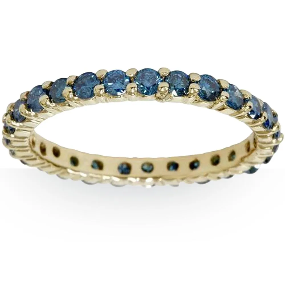 1.5ct Round Treated Blue Genuine Diamond Eternity Wedding Band 14K Yellow Gold