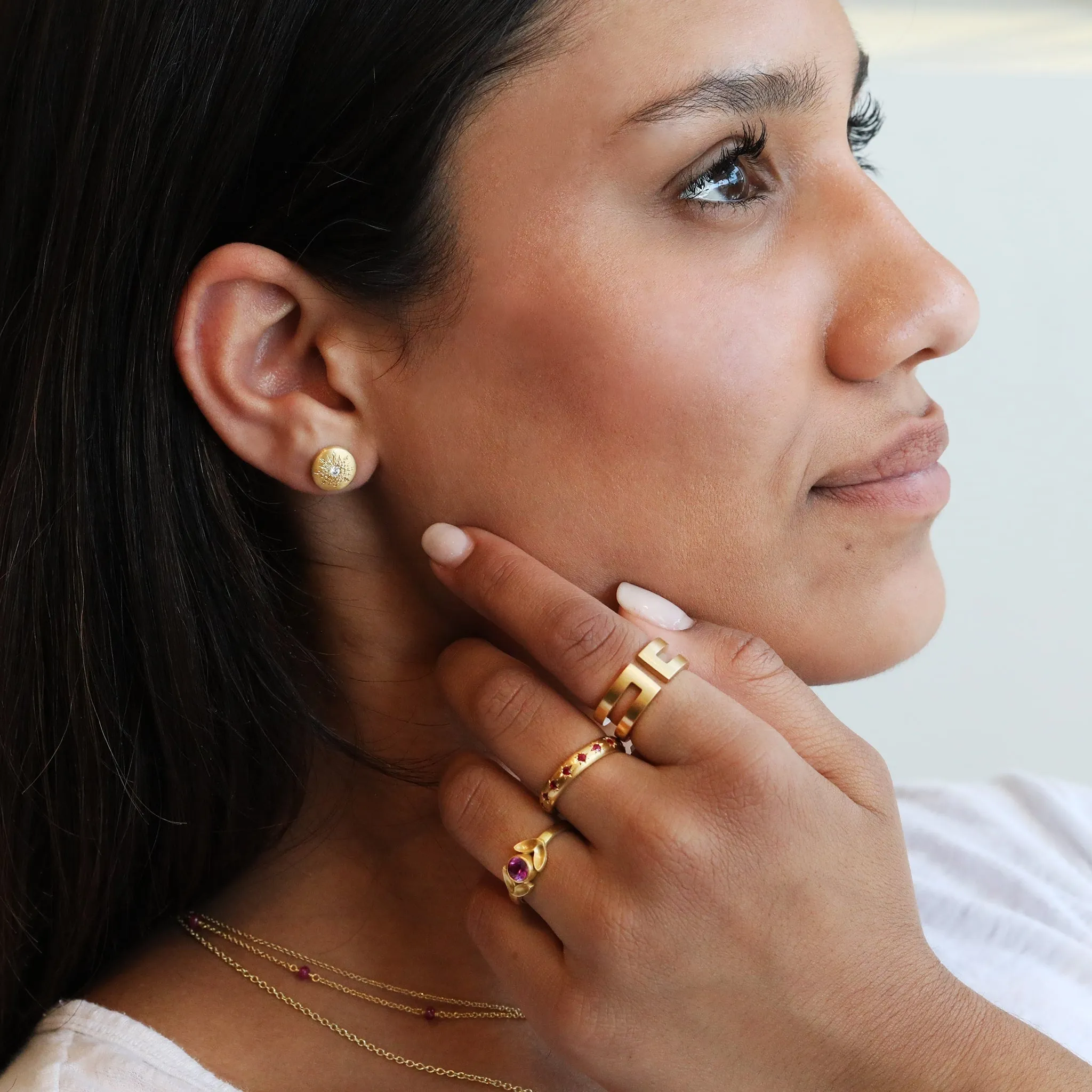 20K Gold Medium Lentil Studs with Sunburst-Set Diamonds