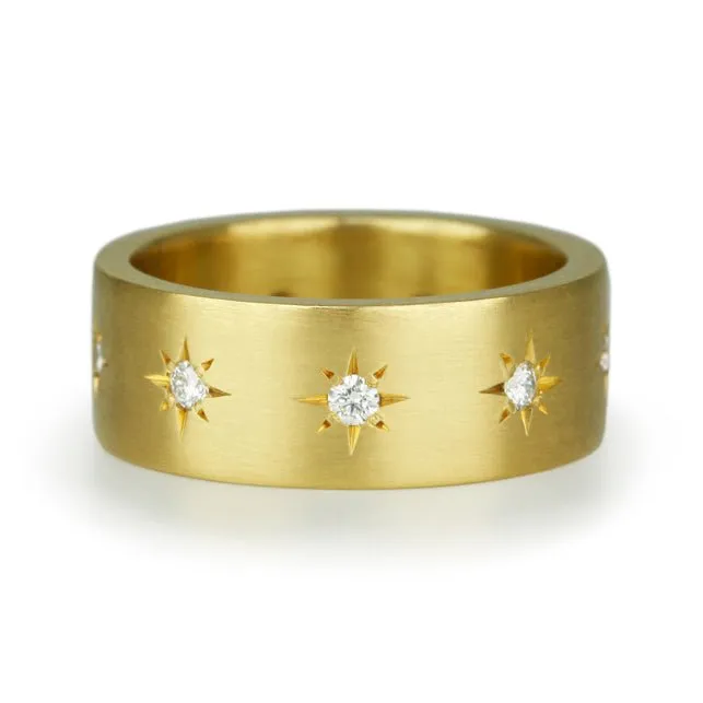 20K Gold Wide Ring With Nine Star-Set Diamonds