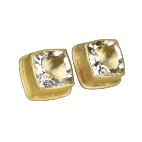 22K Gold Clear Quartz Stud Earrings with Bezel Setting