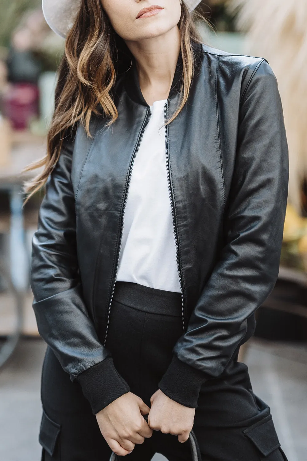 Ambra black leather bomber