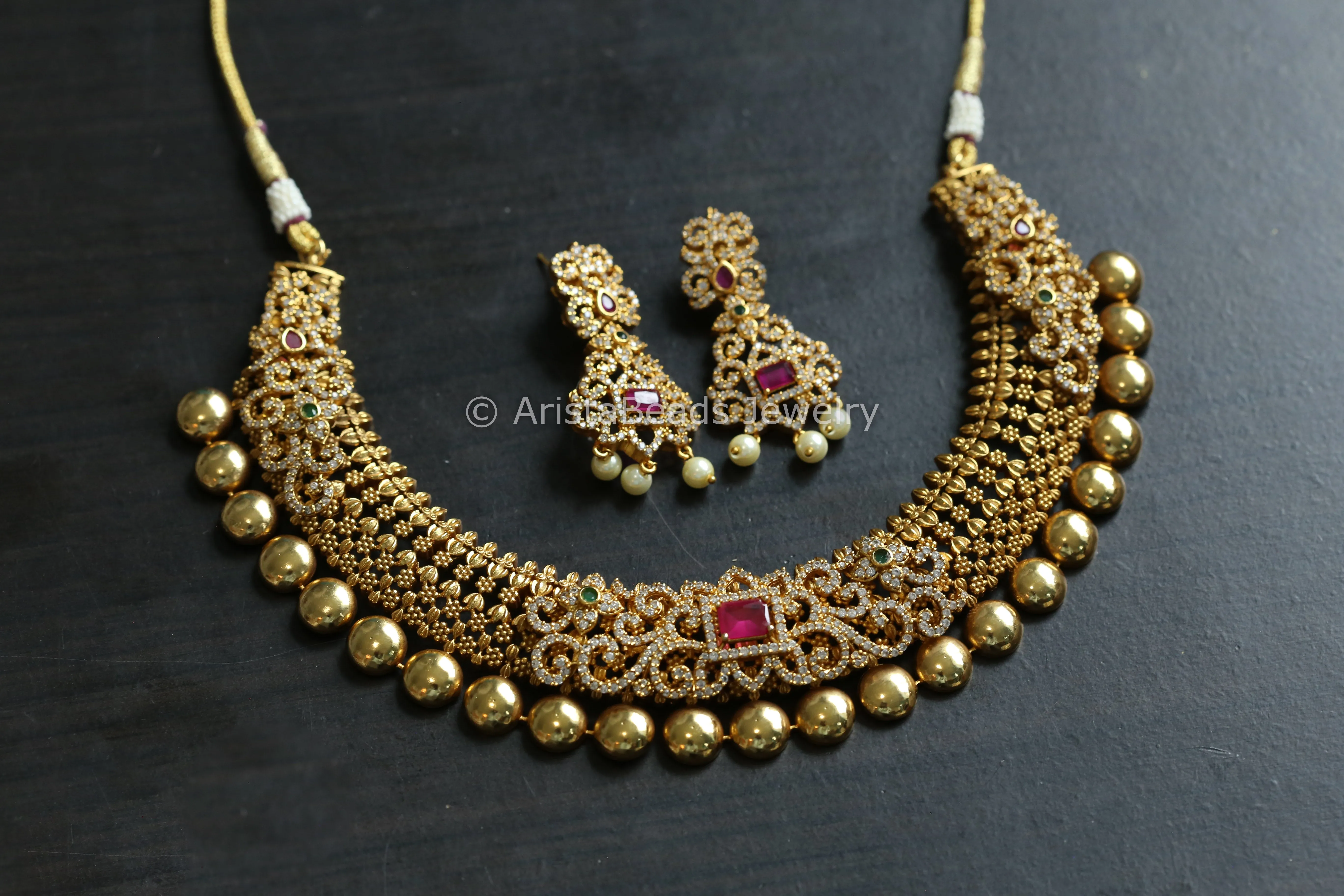 Antique Gold Naksi CZ Stone Necklace Set - Multi