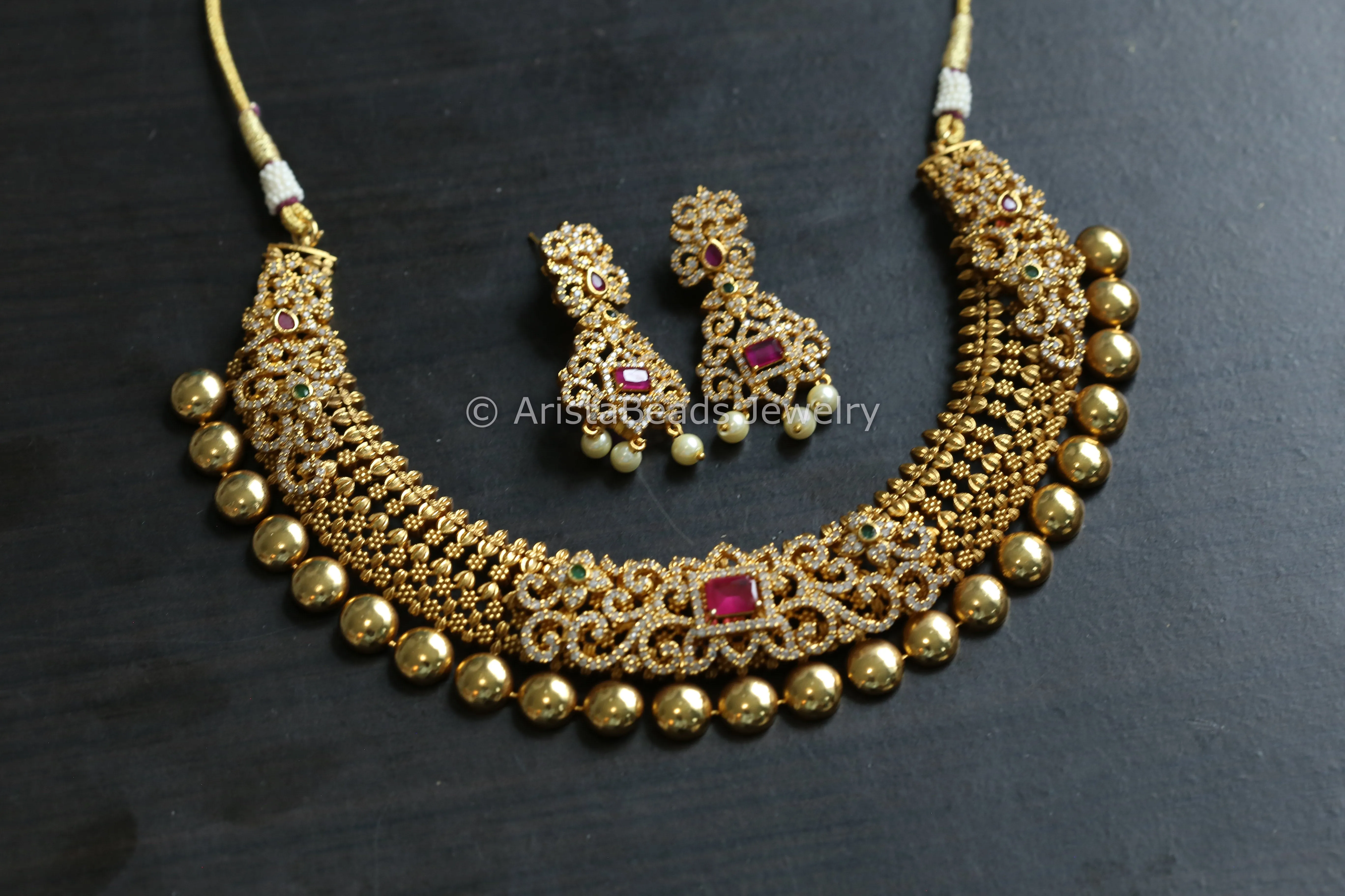 Antique Gold Naksi CZ Stone Necklace Set - Multi