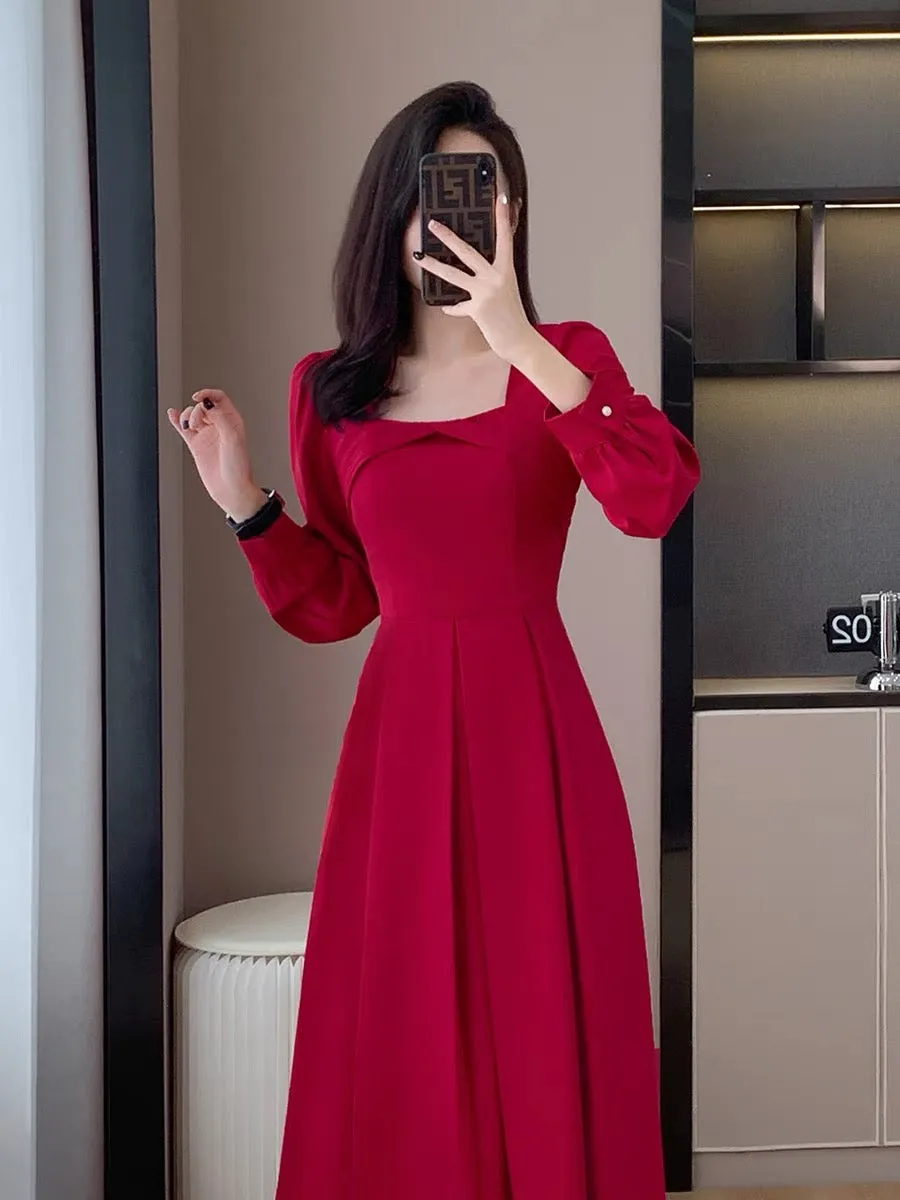 Autumn new style retro temperament gentle girl slim long dress engagement party dress high-end light luxury dress