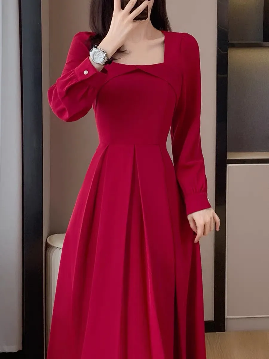 Autumn new style retro temperament gentle girl slim long dress engagement party dress high-end light luxury dress