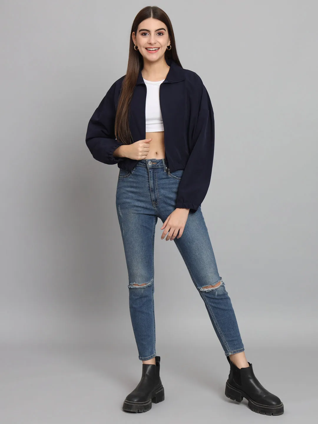 BAGGY CROP JACKET-NAVY BLUE