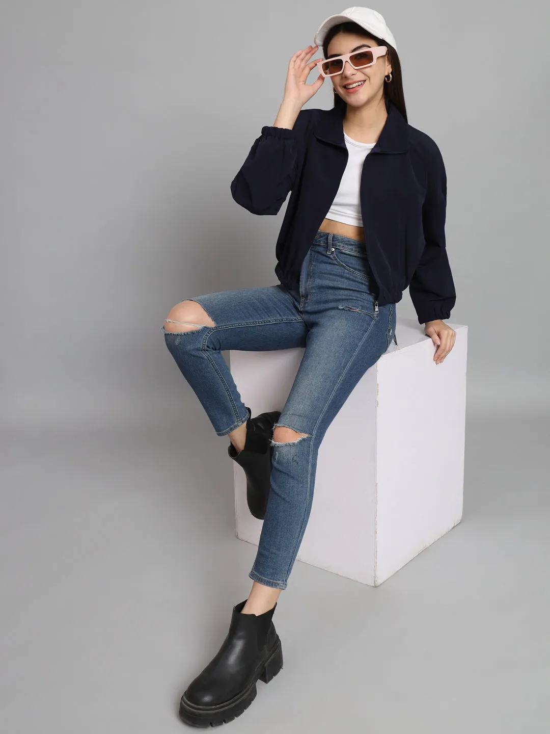 BAGGY CROP JACKET-NAVY BLUE