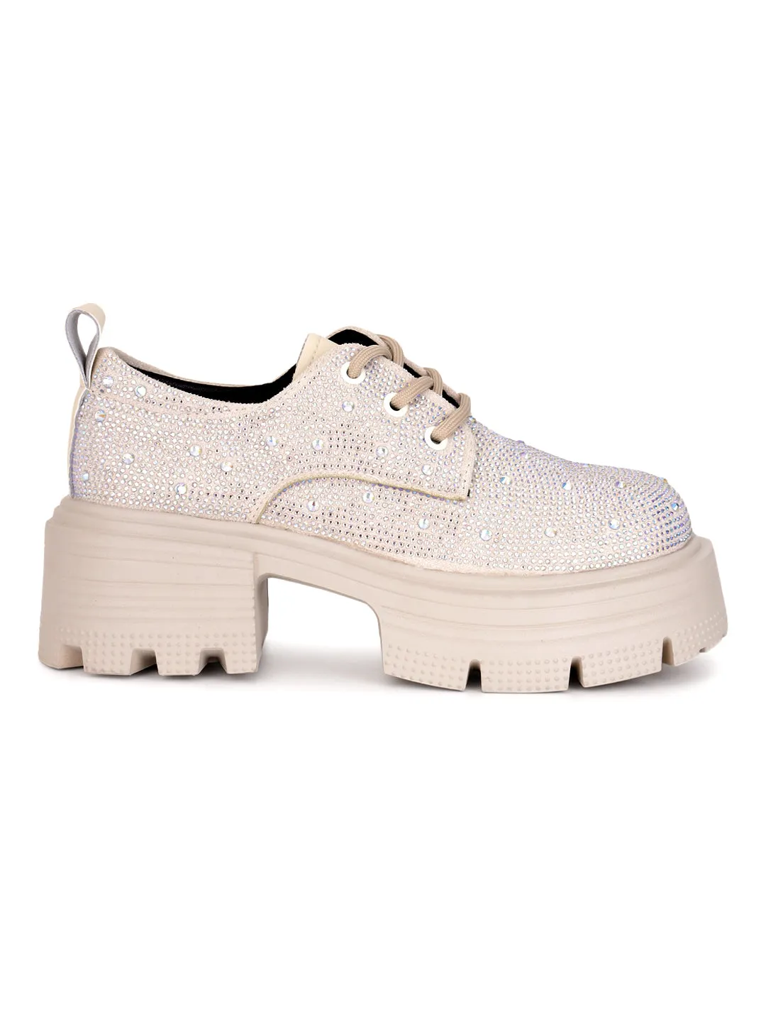 Beige Diamante Embellished Lace-Up Sneakers (TC-RS3640-BEIG)