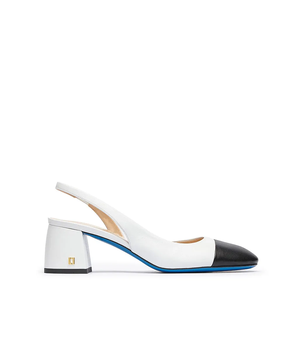 Black and white nappa leather slingback pumps with logo plaque