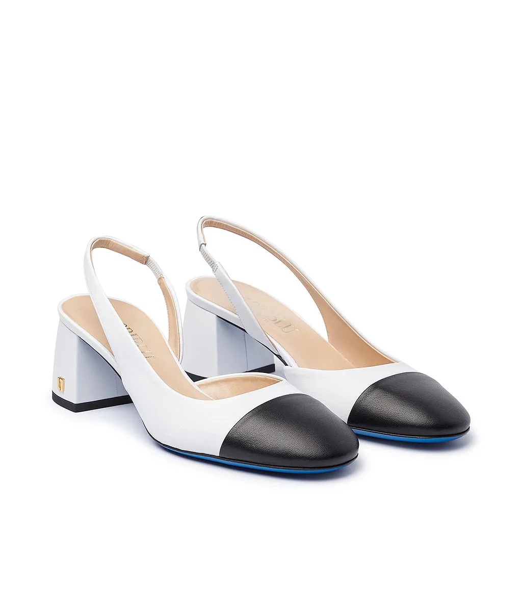 Black and white nappa leather slingback pumps with logo plaque