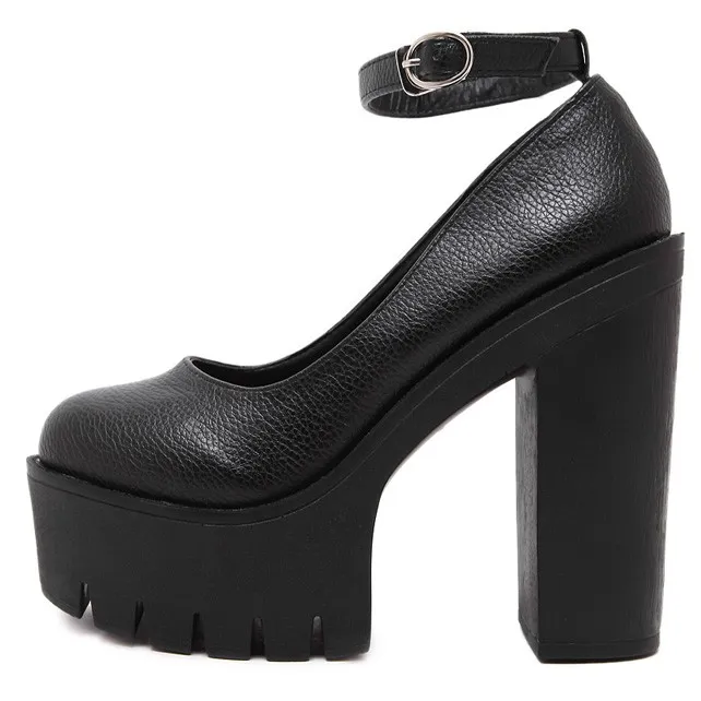 Black Chunky Mary Jane High Heels with Cleated Platforms