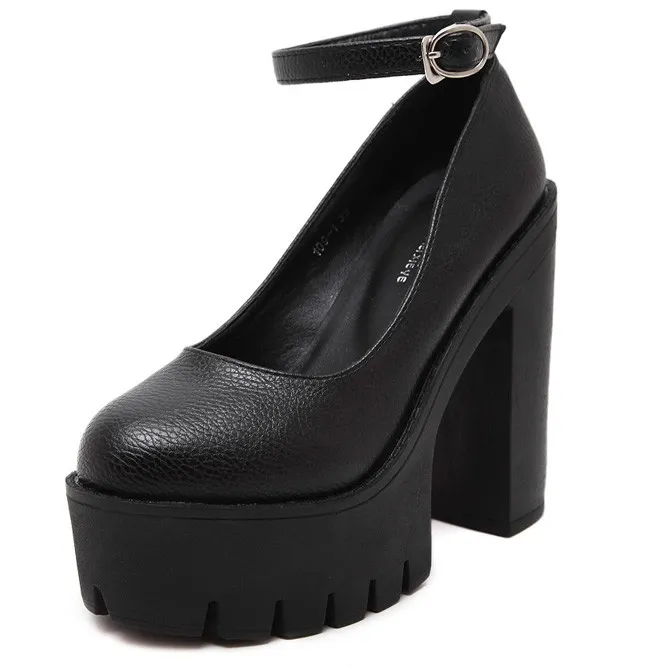 Black Chunky Mary Jane High Heels with Cleated Platforms