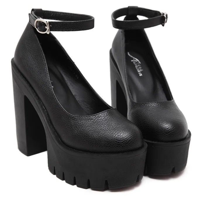 Black Chunky Mary Jane High Heels with Cleated Platforms