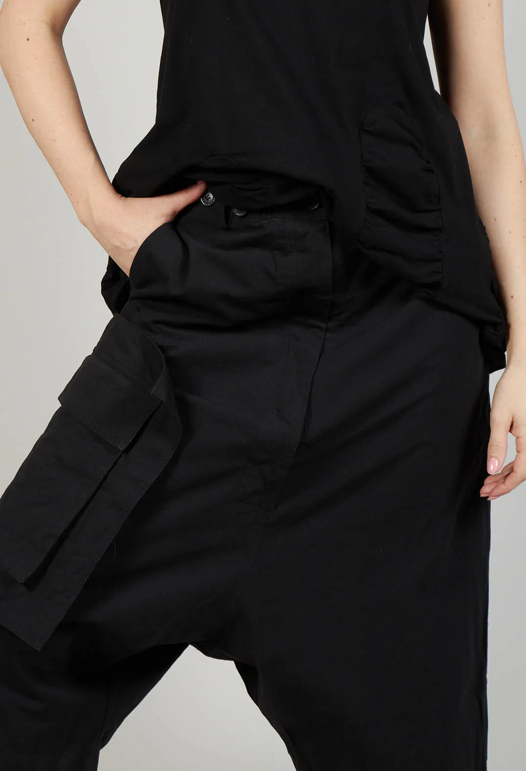 Black Drop-Crotch Overalls