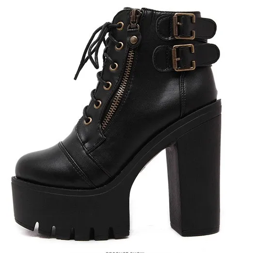 Black Chunky Heel Punk Rock High Top Platform Lace-up Boots