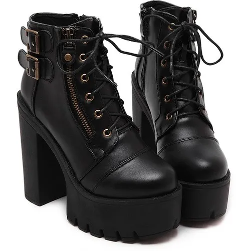 Black Chunky Heel Punk Rock High Top Platform Lace-up Boots