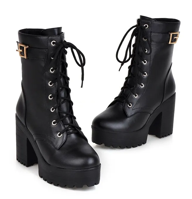 High Top Military Combat Boots with Black Lace-Up Platform Heels