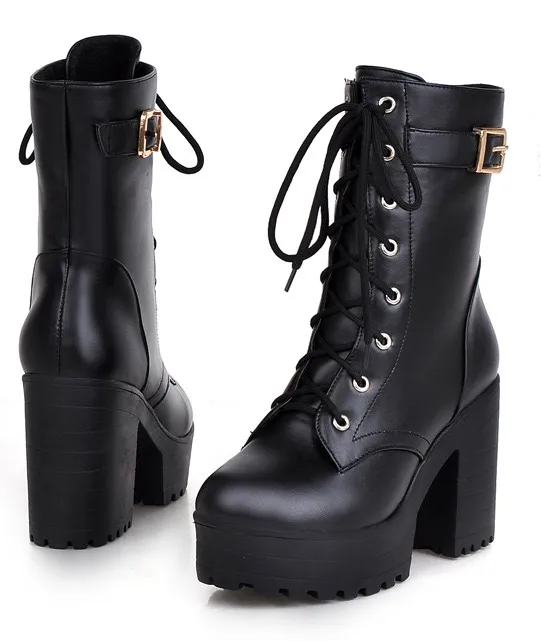 High Top Military Combat Boots with Black Lace-Up Platform Heels