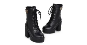 High Top Military Combat Boots with Black Lace-Up Platform Heels