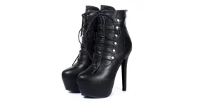 Black Stiletto High Heel Lace-up Platform Boots