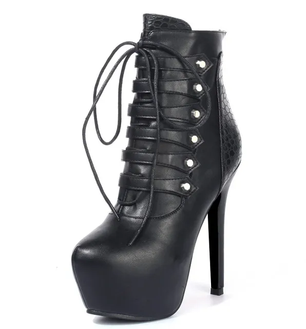 Black Stiletto High Heel Lace-up Platform Boots