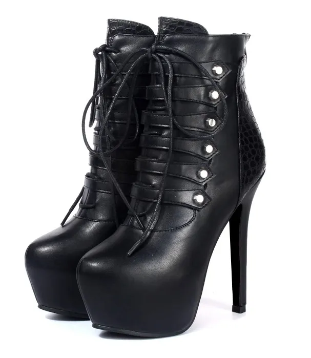 Black Stiletto High Heel Lace-up Platform Boots