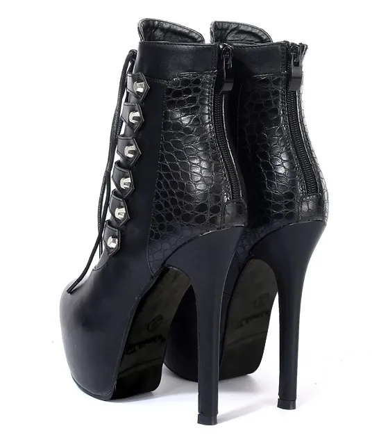 Black Stiletto High Heel Lace-up Platform Boots