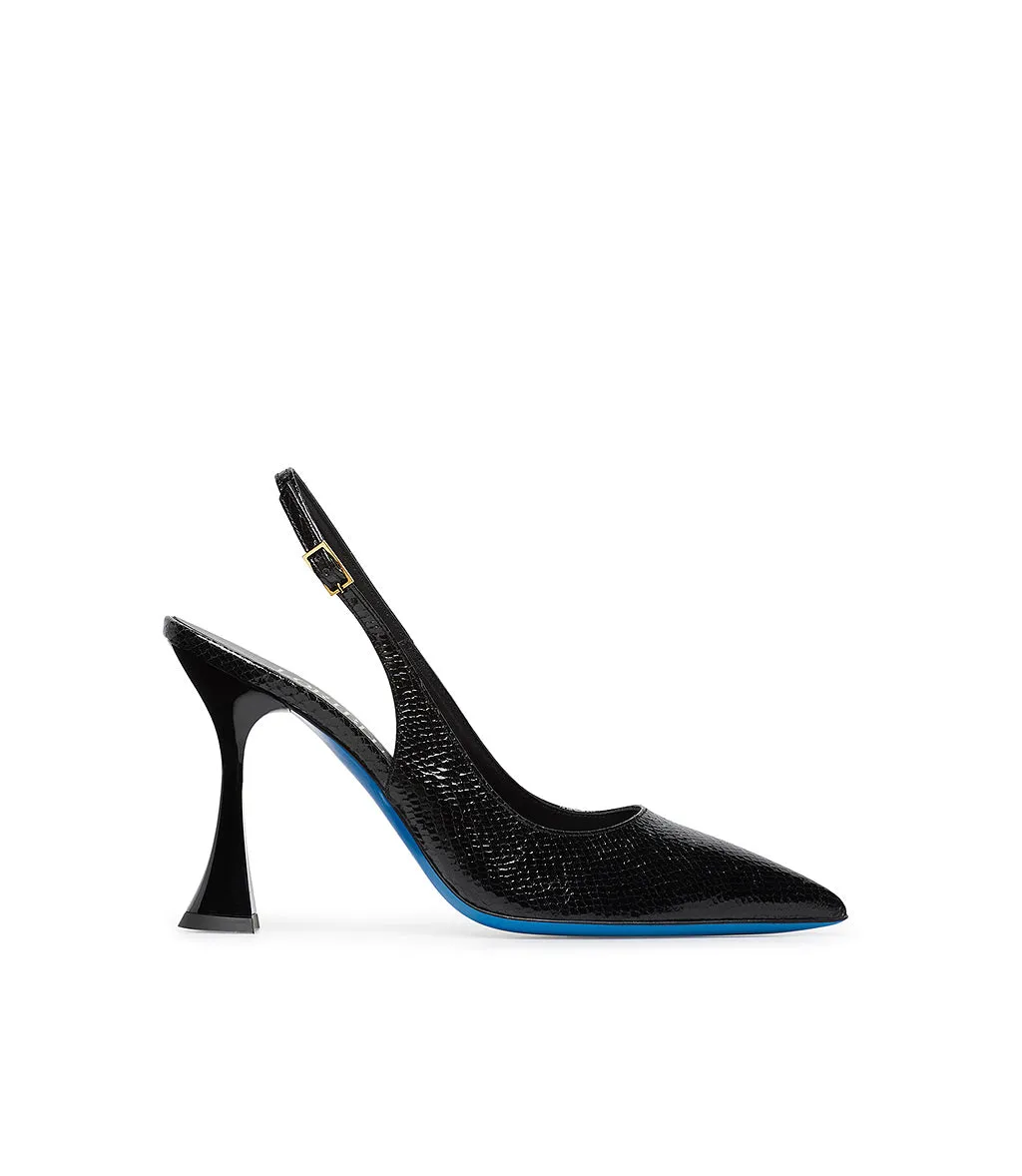 Black leather slingback pumps with a printed design.