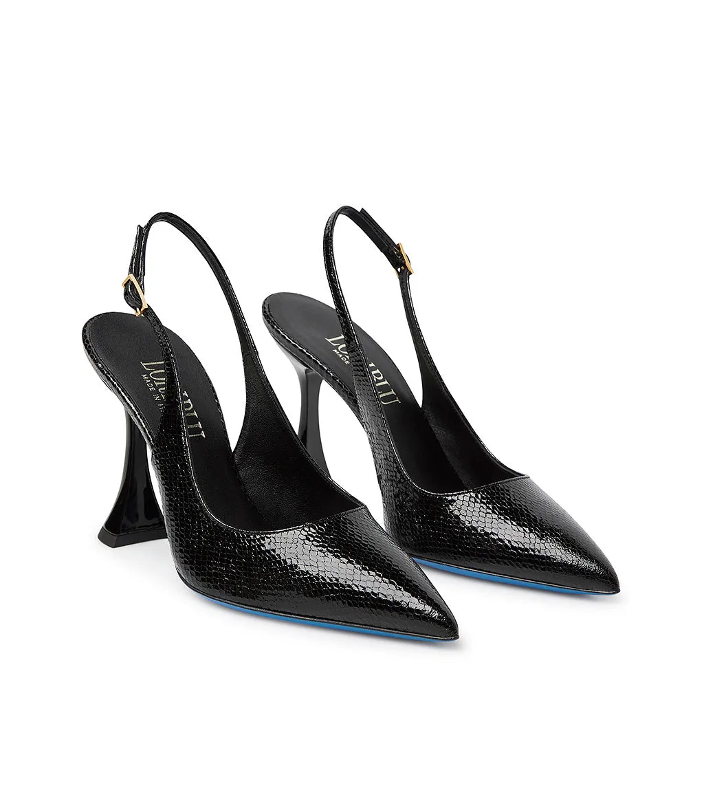 Black leather slingback pumps with a printed design.