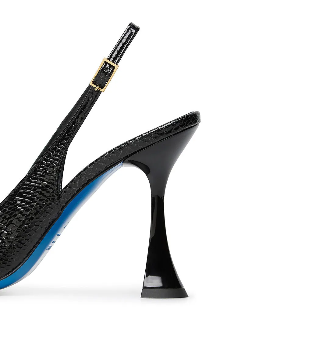 Black leather slingback pumps with a printed design.