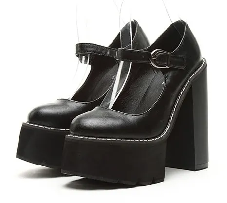 Black Mary Jane High Heels with Round Heads for a Punk Rock Style