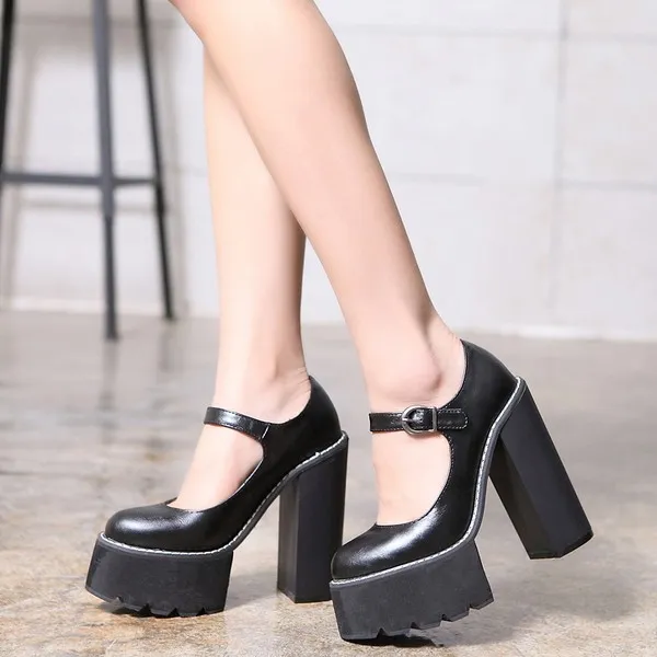 Black Mary Jane High Heels with Round Heads for a Punk Rock Style