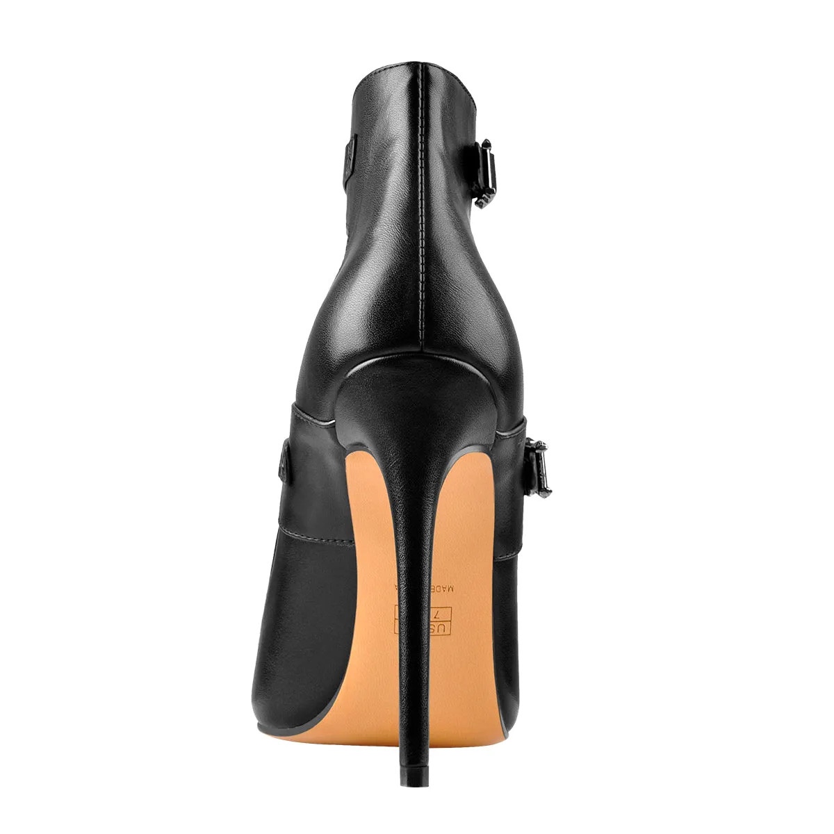 Black Stiletto Pumps with Matte Finish, Pointed Toe, and Double Buckle Straps.