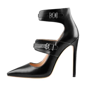 Black Stiletto Pumps with Matte Finish, Pointed Toe, and Double Buckle Straps.