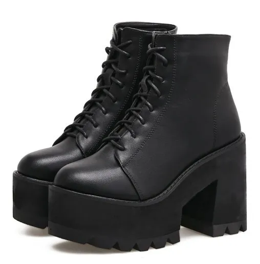 Military Ankle Block High Heels Chunky Sole Platforms Boots