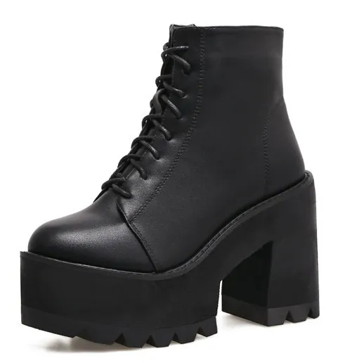 Military Ankle Block High Heels Chunky Sole Platforms Boots