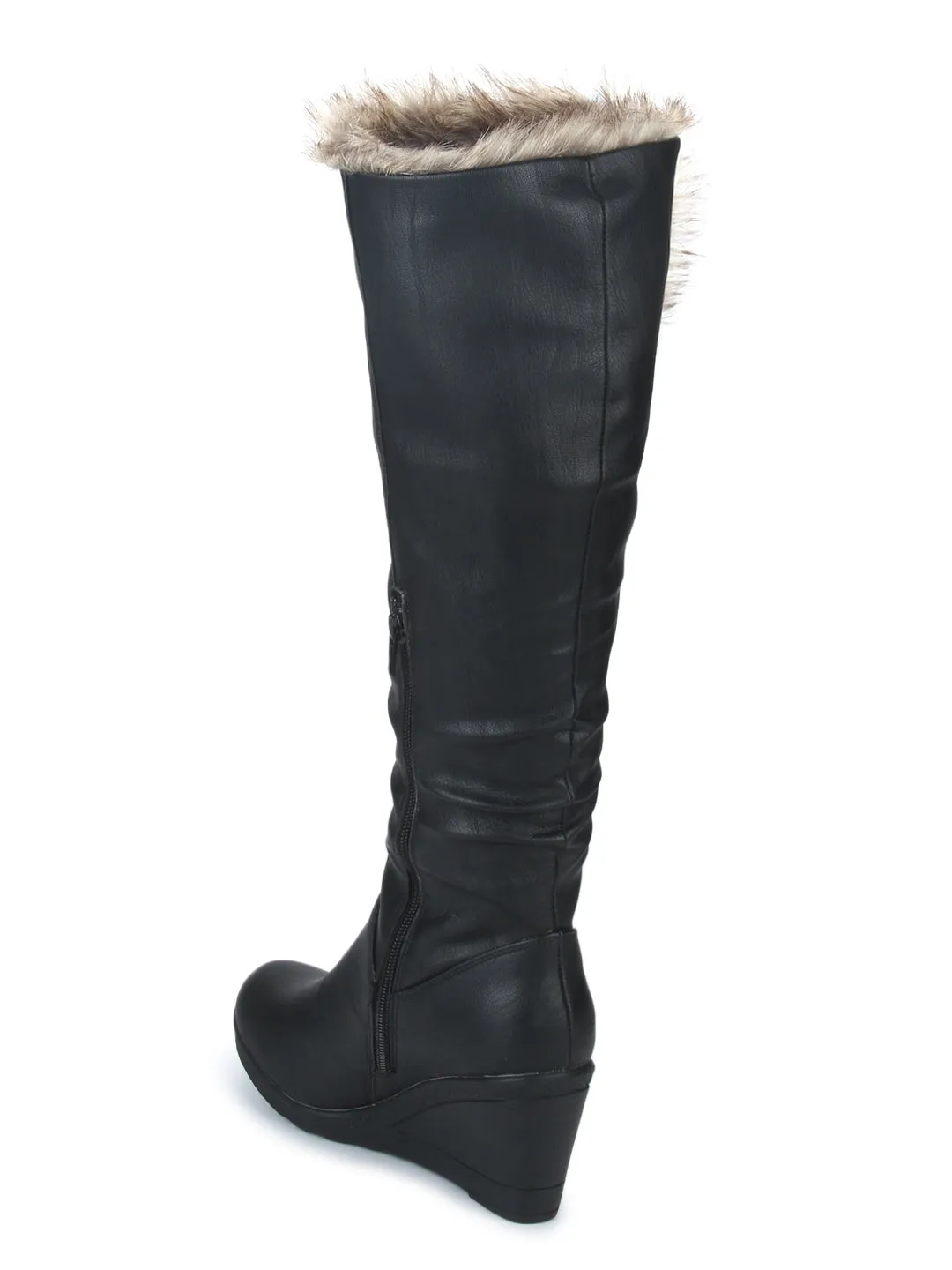 Black Nubuck Fur Down Collar Mid Calf Long Boots