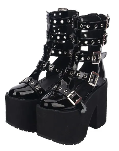 Black Patent Chunky Heel Punk Rock Lolita Platforms with Straps