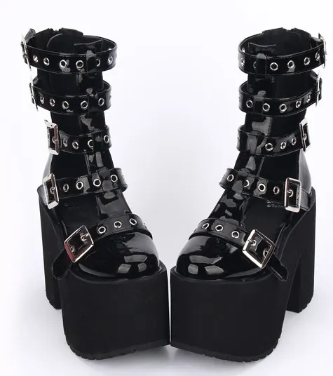 Black Patent Chunky Heel Punk Rock Lolita Platforms with Straps