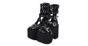 Black Patent Chunky Heel Punk Rock Lolita Platforms with Straps