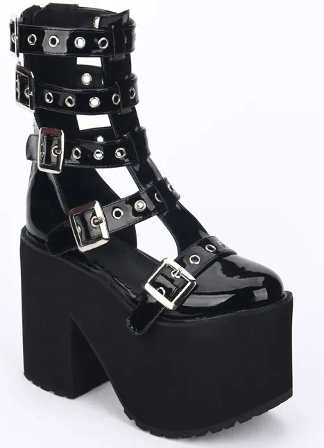 Black Patent Chunky Heel Punk Rock Lolita Platforms with Straps