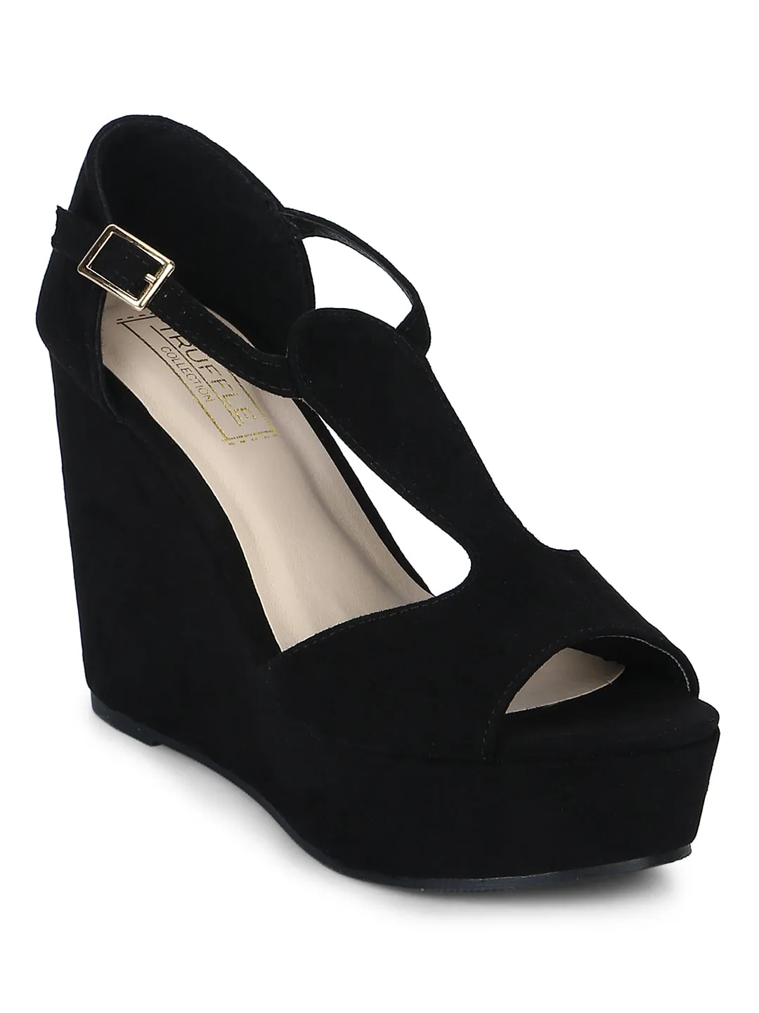 Black Peep Toe Ankle Strap Wedges