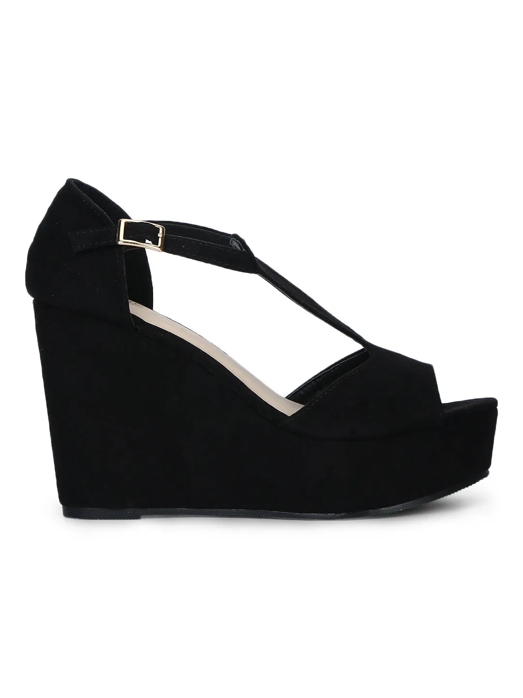 Black Peep Toe Ankle Strap Wedges