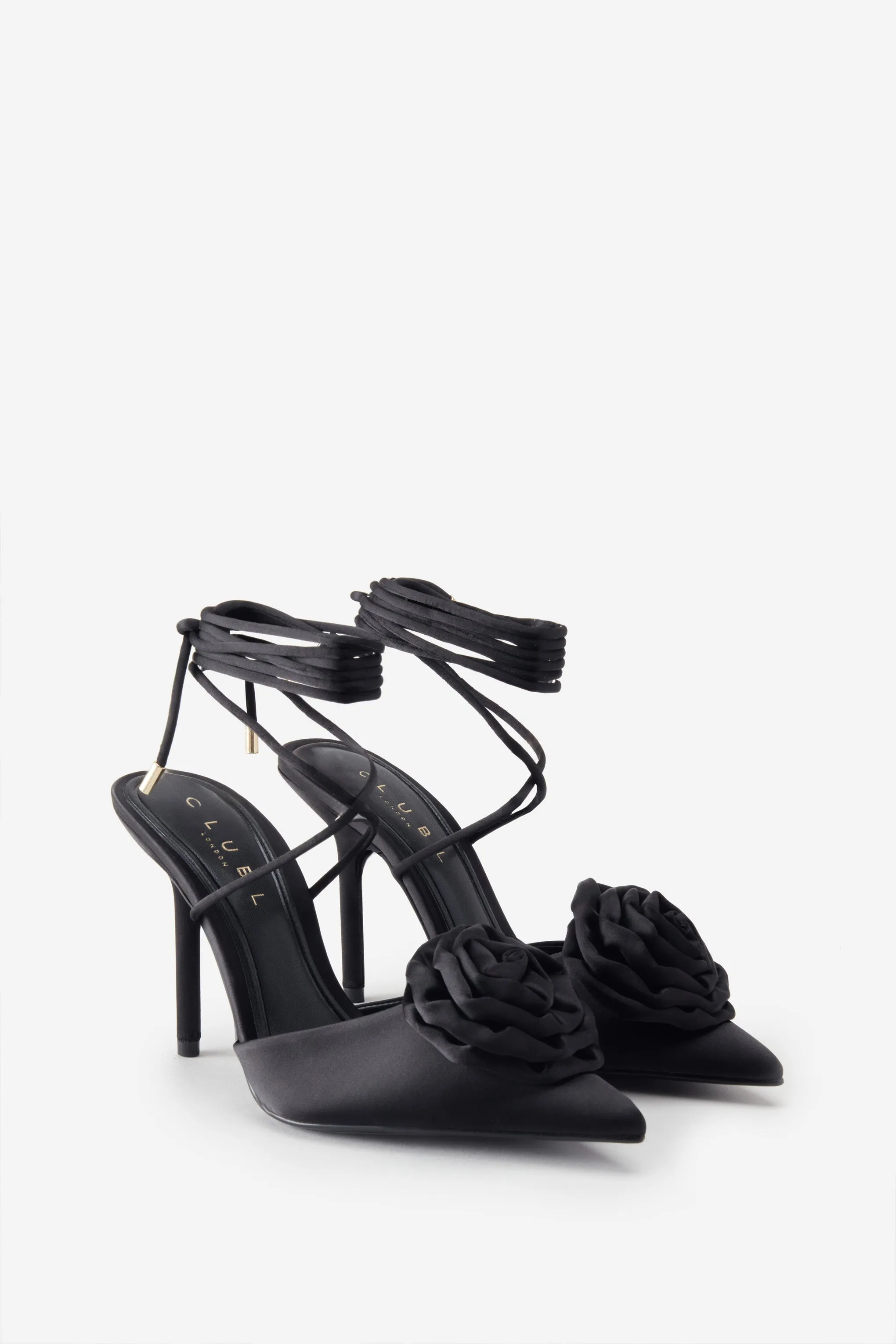 Black Satin Lace-Up Stiletto Heels Featuring Floral Design