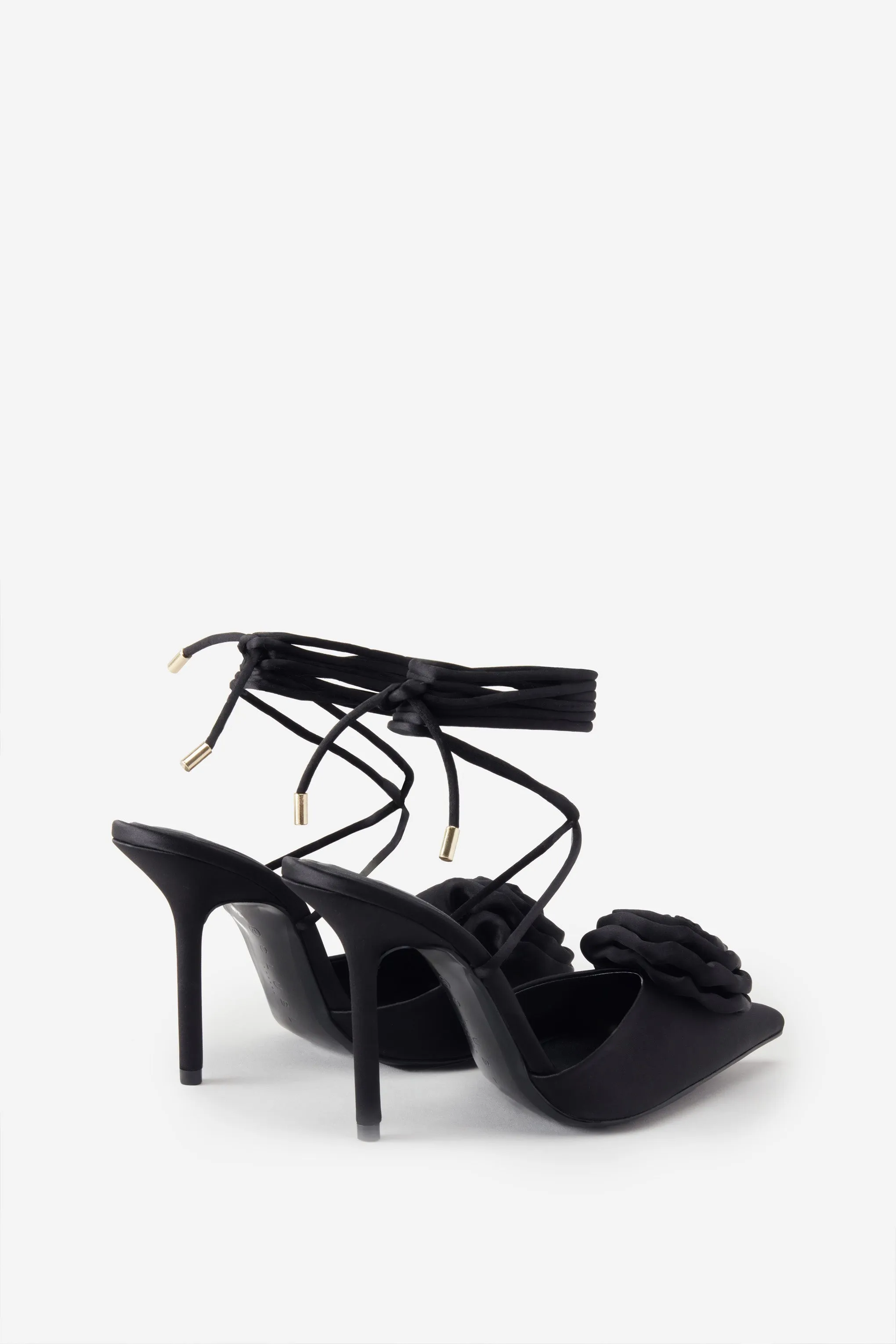 Black Satin Lace-Up Stiletto Heels Featuring Floral Design