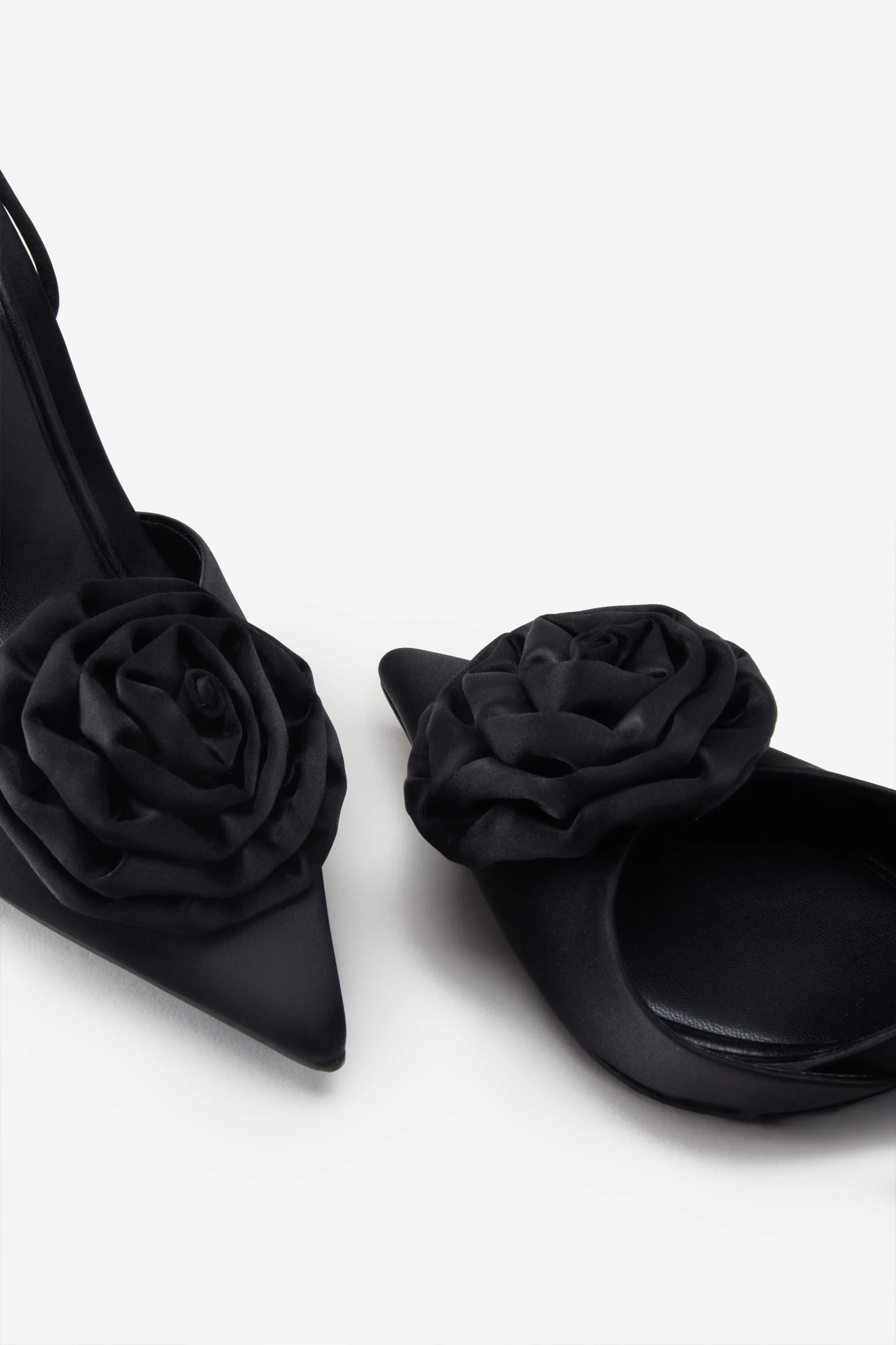 Black Satin Lace-Up Stiletto Heels Featuring Floral Design