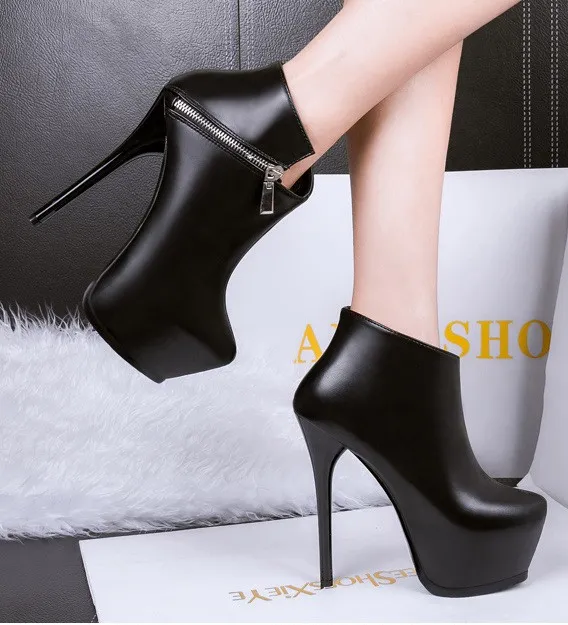 High Heels Boots - Black Side Zipper Ankle Platforms Stiletto