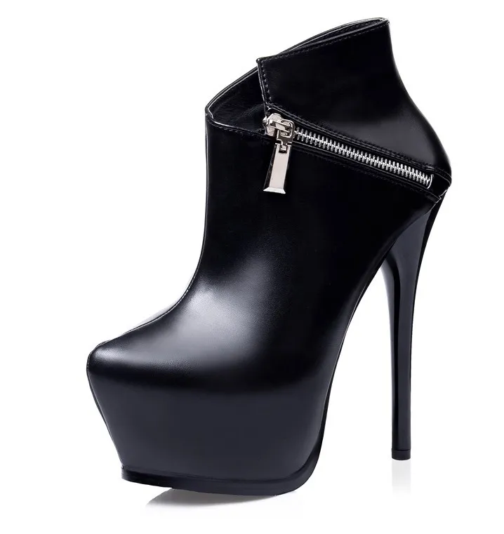 High Heels Boots - Black Side Zipper Ankle Platforms Stiletto