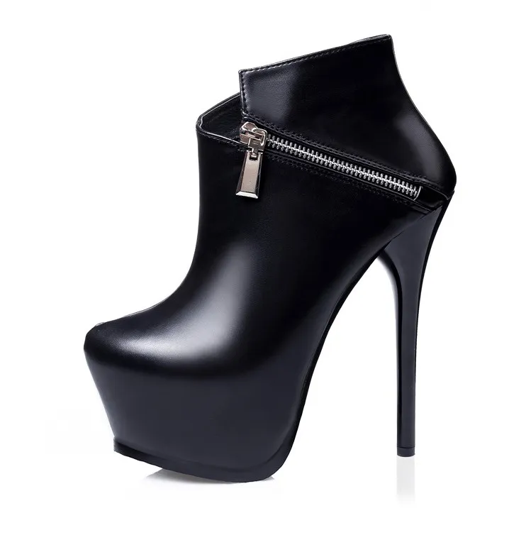 High Heels Boots - Black Side Zipper Ankle Platforms Stiletto